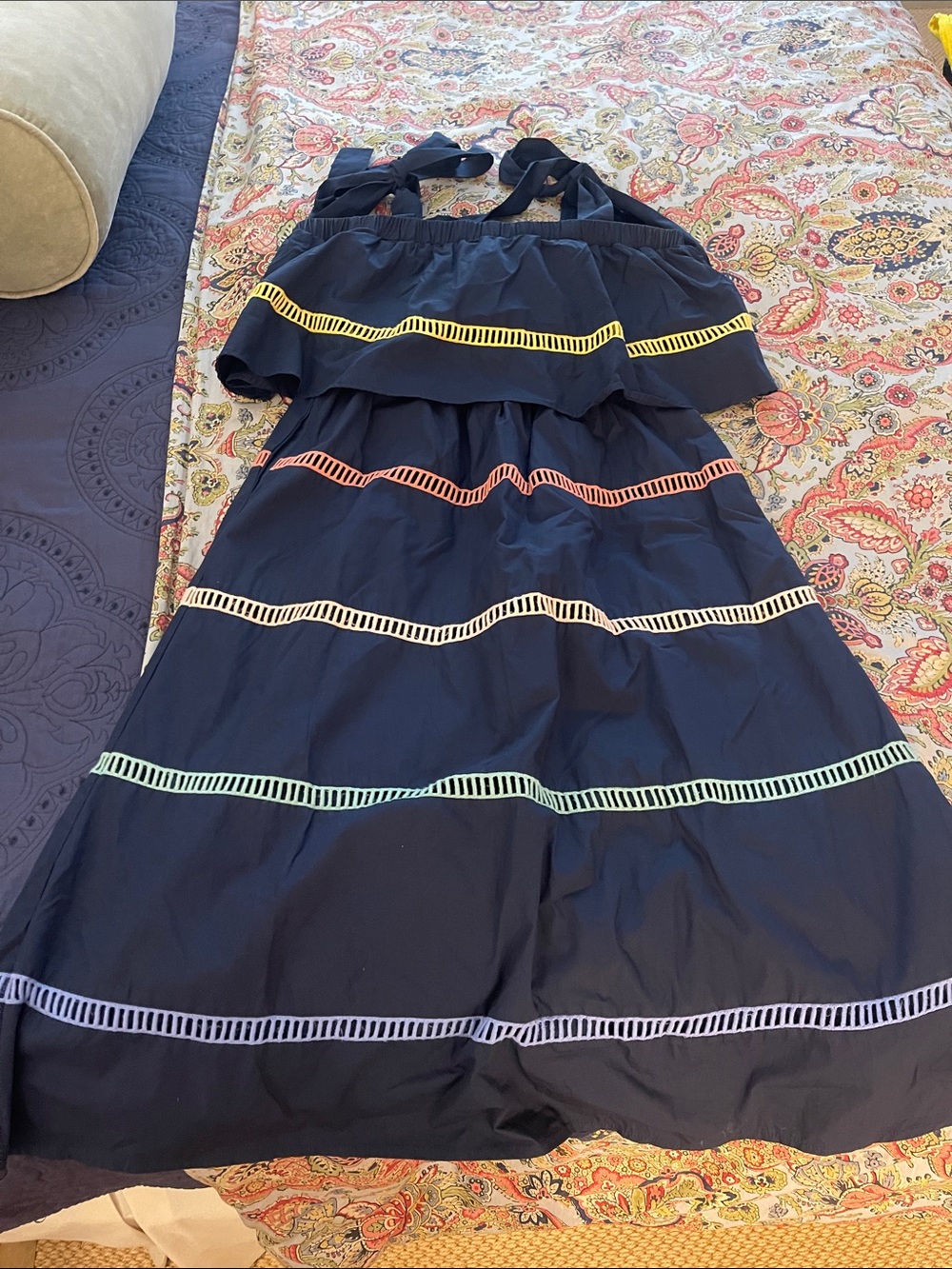 English Factory Navy Tiered Sundress with Rainbow Trim